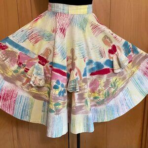 Figural Girls Authentic Vintage 1950s Hand Painted Cotton Mexican Circle Skirt S